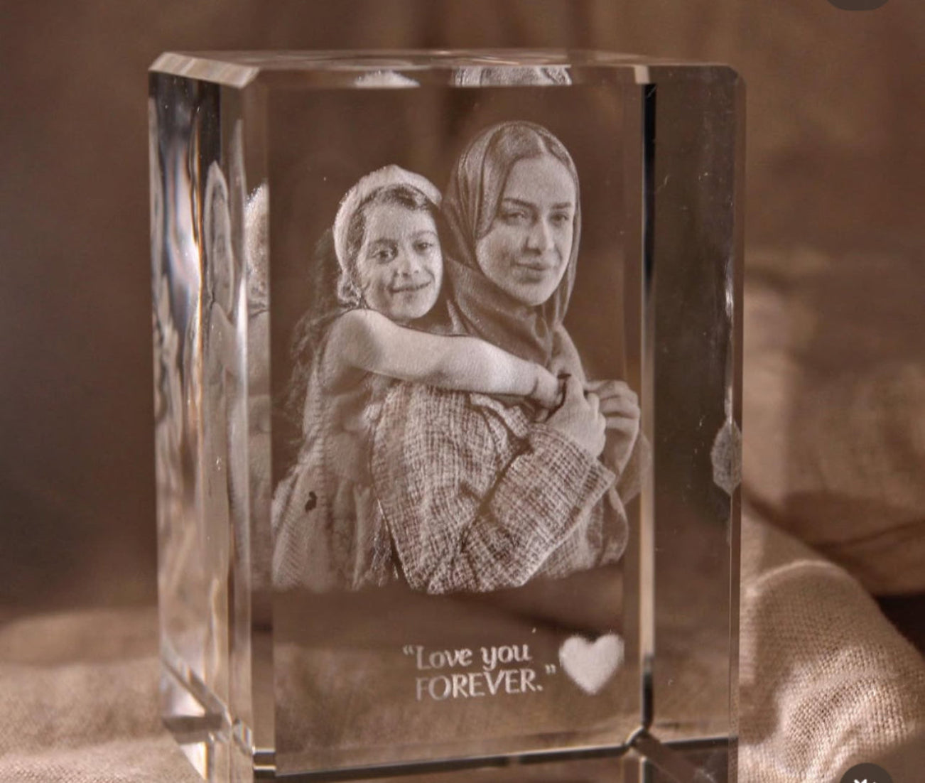 Crystal block with engraved photo of Mom & daughter hugging with 'Love you FOREVER.' text.